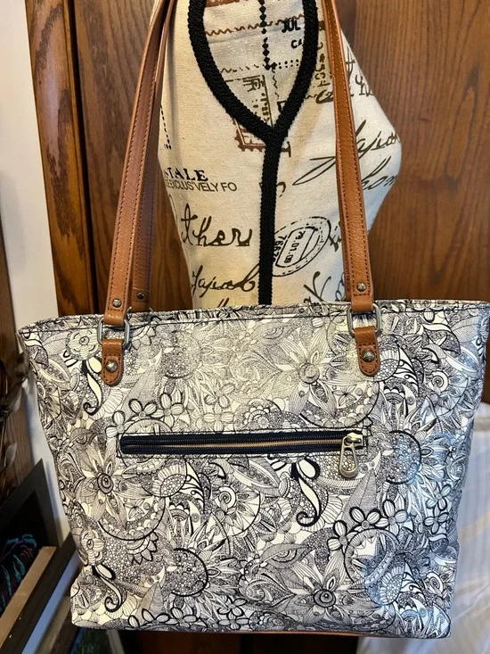 Sakroots Black & White Floral Canvas Tote with Tan Trim - Picture 2 of 10